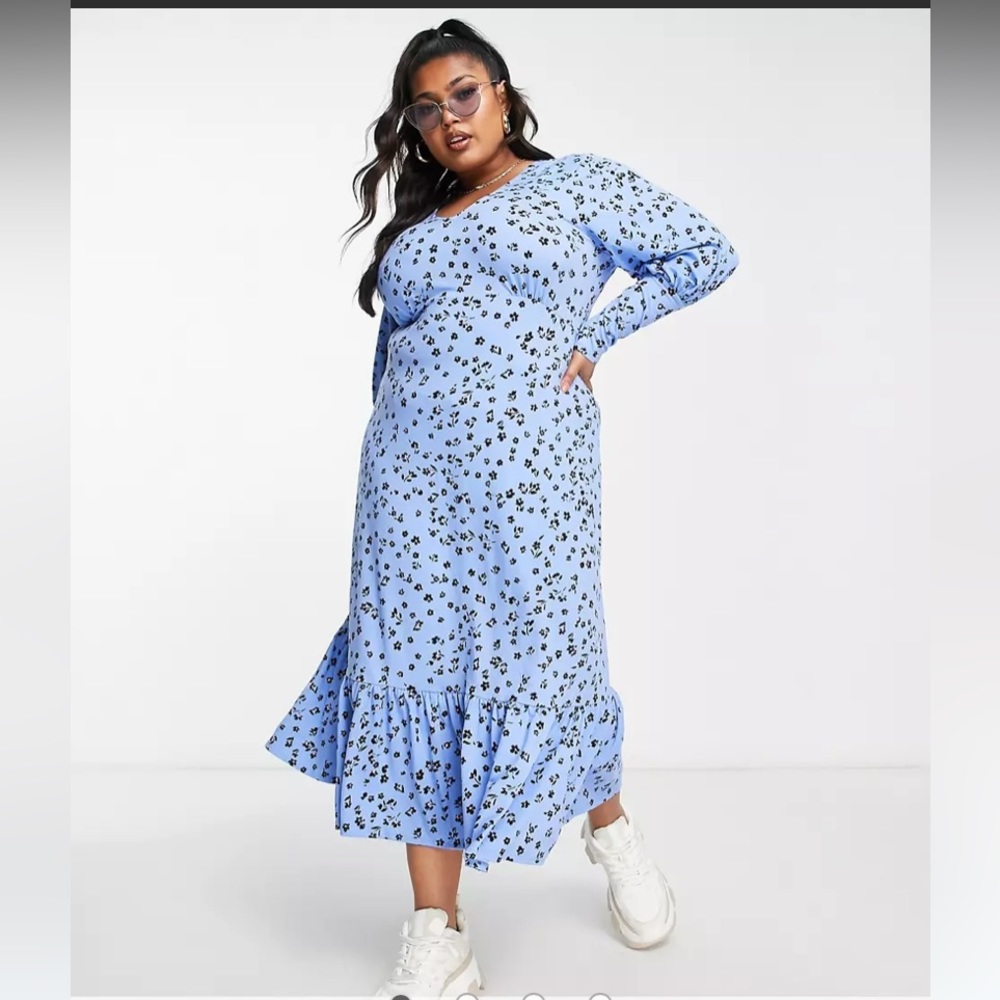 ASOS Simply Be puff sleeve peplum hem midi dress in blue floral size US 14